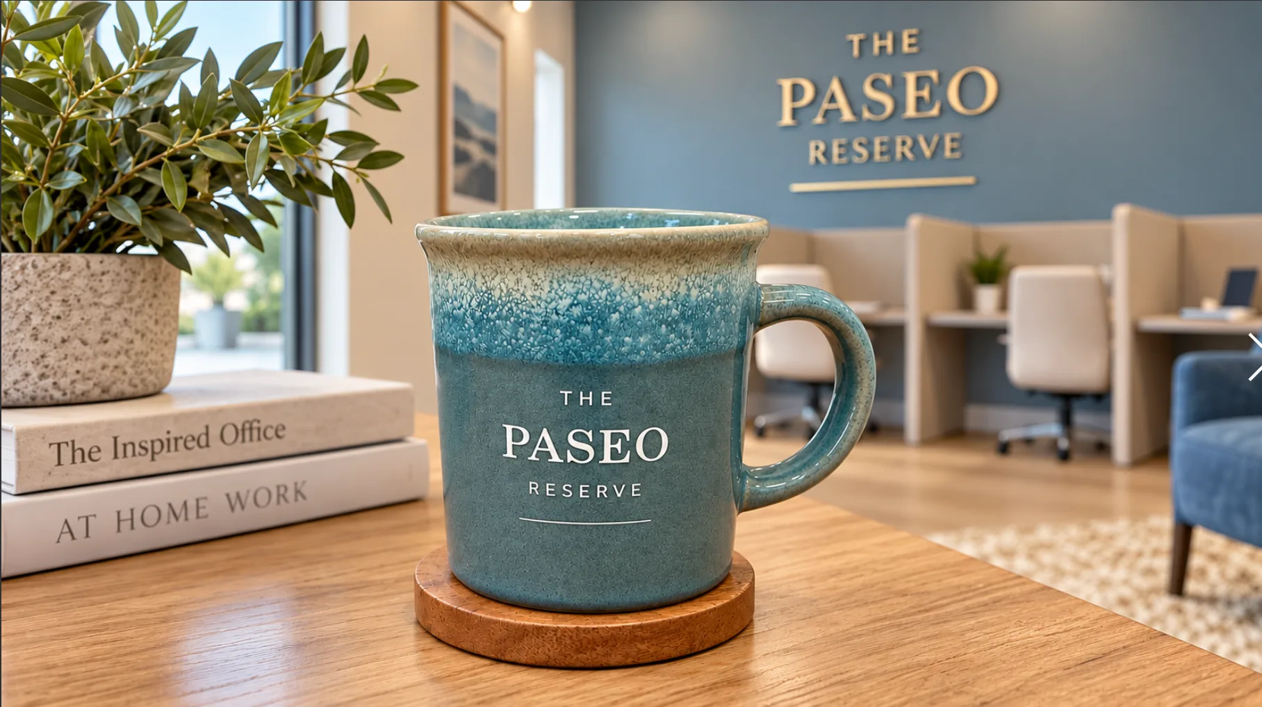 Paseo Reserve coffee mug with a shared workspace behind it