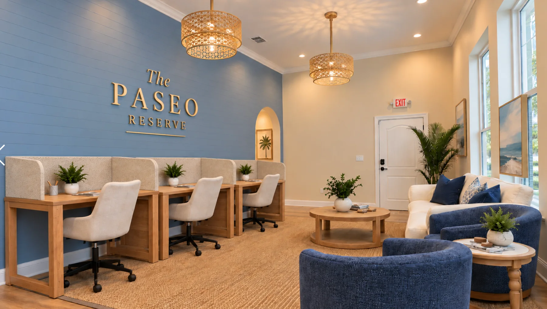 Blue and wood toned reception and shared workspace at The Paseo Reserve